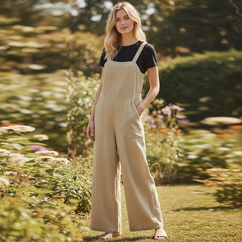 Sim & Sam Tan Linen Blend Wide Leg Smocked Back Jumpsuit Pockets Size M